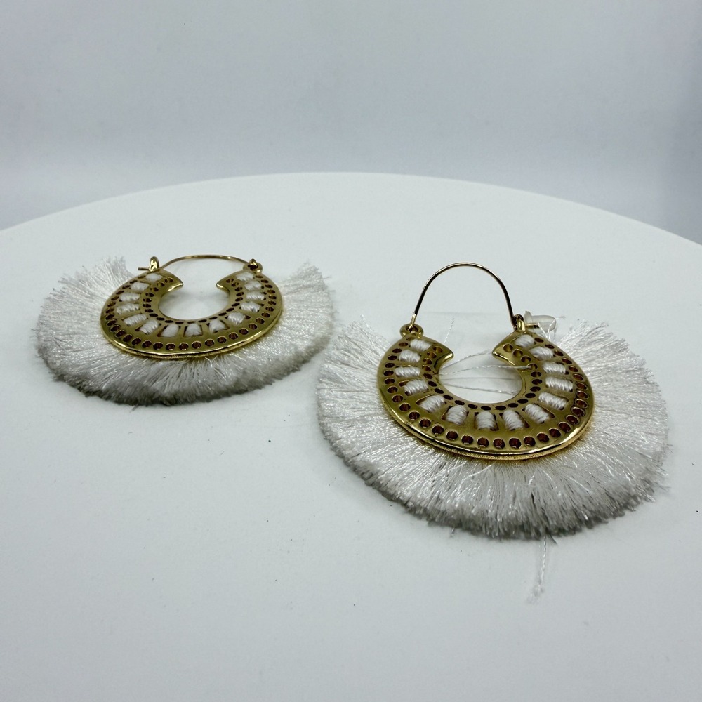 Gold Tone White Tassel Hoop Earrings Bohemian Statement Chic Gift